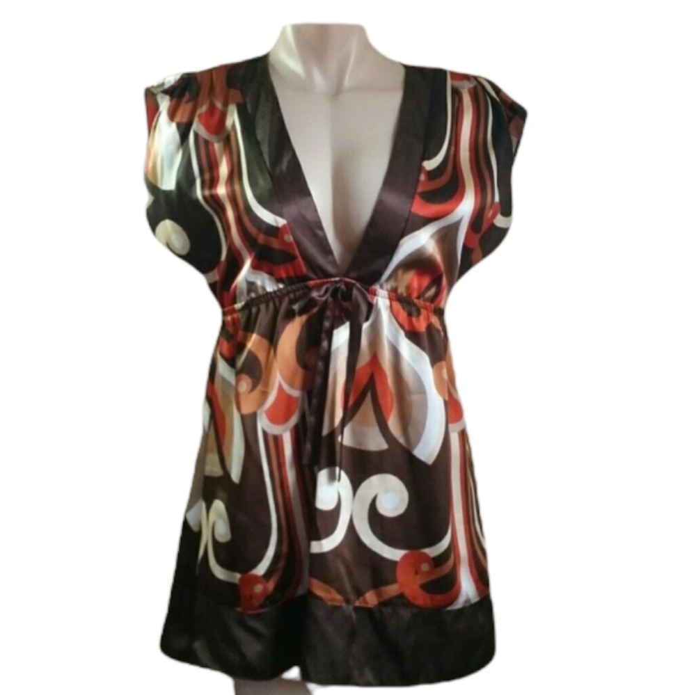 Studio Y V-Neck Brown Orange White Paisley Blouse